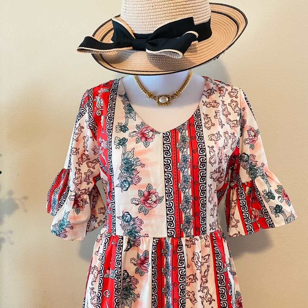 Elbow Puff sleeve - Floral red new mini dress
